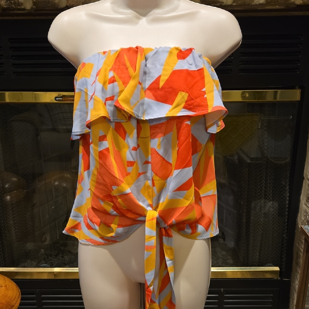 Pink Lily Strapless Abstract Top - Orange, Yellow, Light Blue